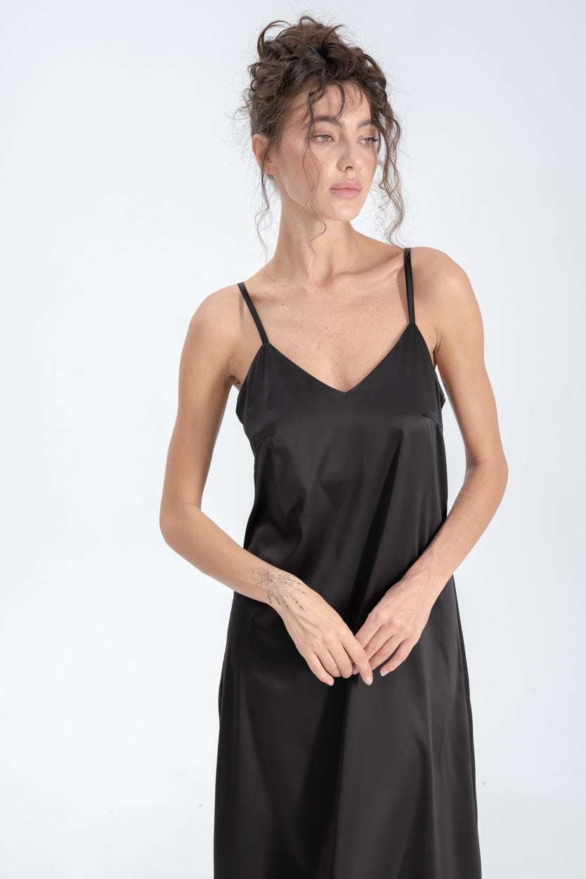 Long Satin Slip Dress in Black Oxygen Boutique